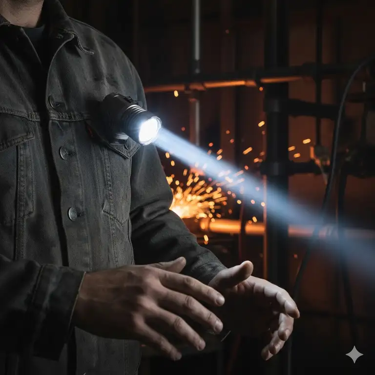 A bright LED angle flashlight clipped to a worker's jacket, providing hands-free illumination in a dark workspace.