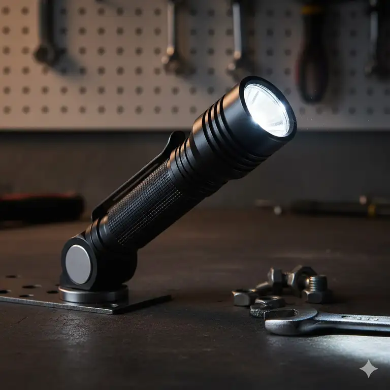 90 degree angle flashlight with a bright LED beam and magnetic base, ideal for hands-free work and inspection.