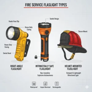 Various fire service flashlights displayed, including right-angle, intrinsically safe, and helmet-mounted models.