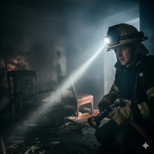 Close-up of a firefighter's helmet light, providing essential hands-free illumination (a type of firefighting lights) in dark conditions.