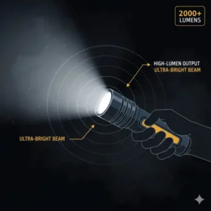 Diagram illustrating the ultra-bright beam pattern and high lumen output of professional fire department flashlights.