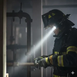Firefighter wearing a helmet with a compact right angle light mounted for completely hands-free operation and directional lighting.