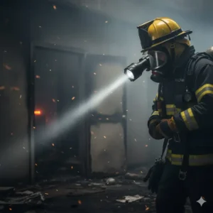 Tactical 90 degree flashlight securely mounted on a firefighter's helmet, designed for extreme conditions and reliable hands-free use during emergency and rescue operations.