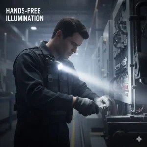 Demonstrating the convenience of a best right angle flashlight clipped to a worker's uniform for totally hands-free operation.