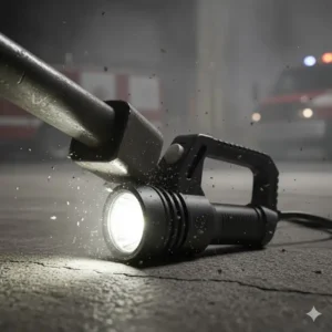 Close-up of a heavy-duty, durable fire fighter flashlight with an impact-resistant polymer casing.