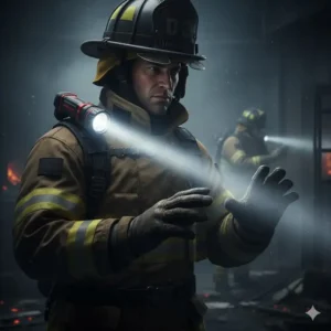 Close-up of a fireman using a durable right-angle flashlight clipped to a turnout coat, demonstrating hands-free operation.