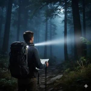 Hiker using a 90 degree angle flashlight attached to a backpack strap for hands-free illumination on a night trail.