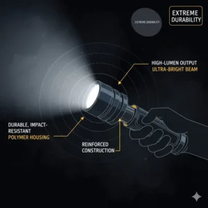Close-up showing the robust, impact-resistant polymer housing designed for durable fire department flashlights.