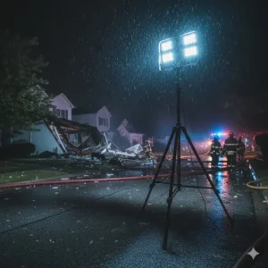 A portable, high-intensity scene lighting system mounted on a tripod for large-area illumination (a type of firefighting lights) at an incident.