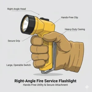 Close-up of a right-angle fire service flashlight, essential gear for hands-free operation and attaching to turnout gear.