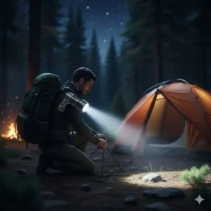 Compact right angle flashlight clipped to a hiking backpack, offering a wide flood beam to light up a campsite or trail for outdoor enthusiasts.