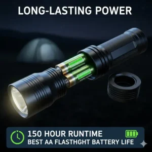 Close-up shot of a durable, tactical best AA flashlight being loaded with rechargeable batteries, emphasizing long runtime.
