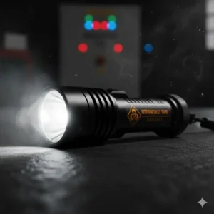 Intrinsically safe fire fighter flashlight displaying its certification rating for use in hazardous, explosive atmospheres.