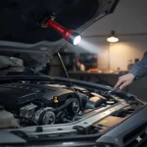 The strong magnetic base of an angle flashlight secured to the metal hood of a car, lighting up the engine for automotive repair.