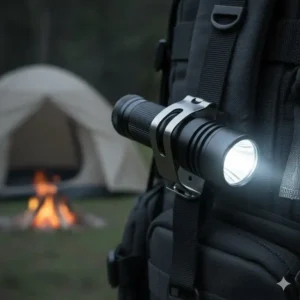 Close-up of the heavy-duty pocket clip on a 90 degree angle flashlight, showing how it can securely attach to clothing or gear.