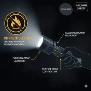 Icon indicating the intrinsically safe rating (Haz-Loc certified) of specialized fire department flashlights.