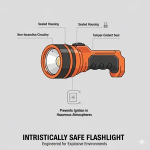 Diagram showing the sealed, non-incendive housing of an intrinsically safe fire service flashlight for use in explosive atmospheres.