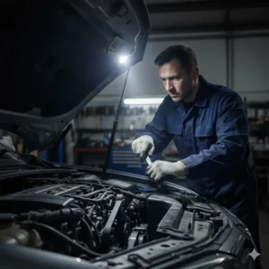 Durable 90 degree work light with a magnetic base stuck to a car engine, providing bright, targeted, and completely hands-free illumination for automotive repair.