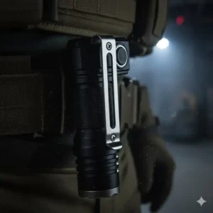 Side view of the right angle light body, focusing on the strong, rotatable pocket clip used for attaching it to a belt or gear.