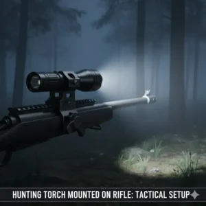 A high-quality best hunting torch securely mounted to a rifle barrel using a quick-release bracket, showing its tactical application.