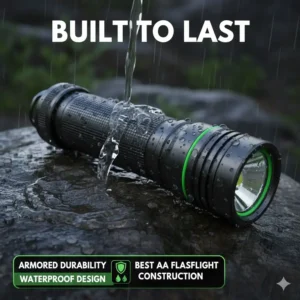 An angled view of an aluminum-body, waterproof best AA flashlight design, highlighting its rugged and durable construction.