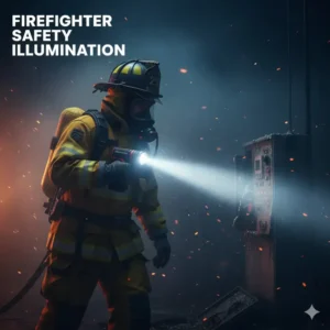 Close-up of a bright, intrinsically safe best right angle flashlight specifically designed for use by firefighters or emergency services.