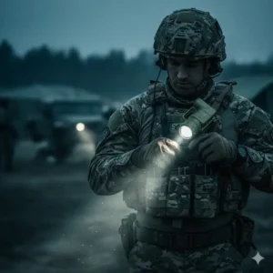 A rugged, green tactical angle flashlight used by a soldier, showing its ergonomic benefit for use with gear or weaponry.