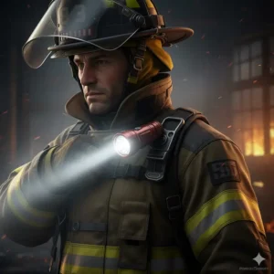 Firefighter wearing a helmet showing the proper use of a right-angle fire fighter flashlight attached to a turnout gear clip.