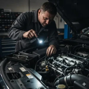 Mechanic working on an engine bay, illuminating tight spaces with a compact 90 degree angle flashlight.