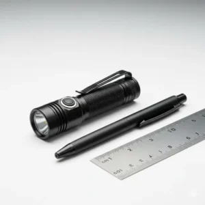 Small, compact 90 degree flashlight next to a pen for scale, highlighting its ideal size for everyday carry (EDC) in a pocket or on a keychain.