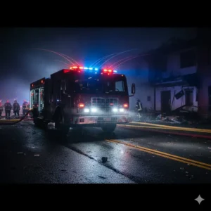 Overhead view of an emergency vehicle lightbar with flashing strobes and integrated floodlights (types of firefighting lights).