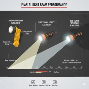 Comparison chart showing the differences in beam distance and intensity for professional fire service flashlights.