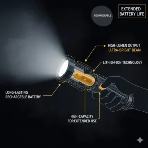 Cross-section detailing the long-lasting rechargeable battery technology used in high-performance fire department flashlights.