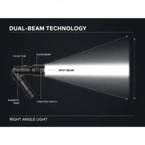 Diagram illustrating the wide-angle flood and focused spot beam options available on a modern tactical right angle light.