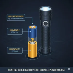 Illustration detailing the long-lasting rechargeable 18650 battery used in the best hunting torch models for extended use.