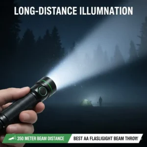 Demonstration of a narrow, powerful beam showing the excellent throw distance of the best AA flashlight.