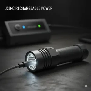 A view of a USB-C port on a model, indicating it is one of the best right angle flashlight options available.