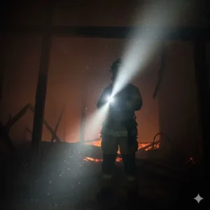 The powerful, focused beam of a professional high-lumen fire fighter flashlight cutting through thick smoke.