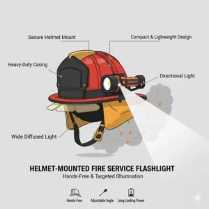 An illustration of a firefighter's helmet with a durable, securely attached helmet-mounted fire service flashlight.