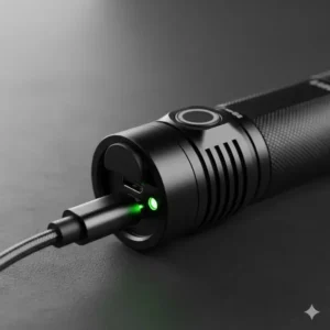 Close-up of a modern rechargeable 90 degree flashlight showing the USB charging port and a battery-life indicator, for eco-friendly and convenient power.