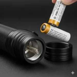 Open compartment of the right angle light showing the compatibility for an $18650$ or $AA$ battery power source.