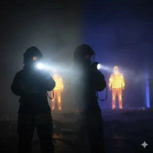 An image showing how a combined thermal imaging camera and light help firefighters locate heat sources (combined with firefighting lights).