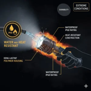 Visual demonstrating the high IP rating and heat-resistant properties essential for reliable fire department flashlights.