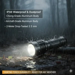 A rugged, waterproof best hunting torch being tested in heavy rain, demonstrating its IPX-rated durability for adverse weather conditions.