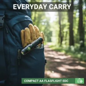 A small, compact best AA flashlight clipped onto a pocket or backpack, perfect for everyday carry (EDC) use.