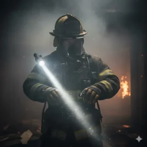 A firefighter's 90-degree angle flashlight shining a powerful beam through thick smoke during a search and rescue operation.