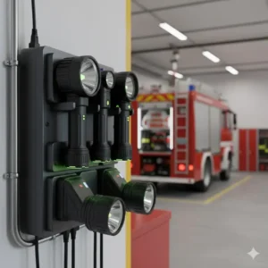 A set of rechargeable fire fighter flashlights placed securely in a multi-unit charging dock at the station.