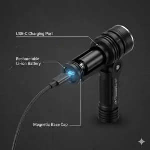Illustration showing the USB charging port and rechargeable battery of the L-shaped tactical 90 degree angle flashlight.