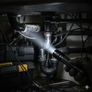 Demonstrating the unique function of a 90 degree flashlight beam, perfectly illuminating a hard-to-reach area during plumbing or electrical inspection.