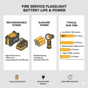An infographic detailing the long-lasting battery life and power source types of high-performance fire service flashlights.